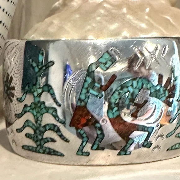 HMIJ Sterling Silver Native American Navajo Bracelet Turquoise,Coral Handcrafted - Picture 7 of 10